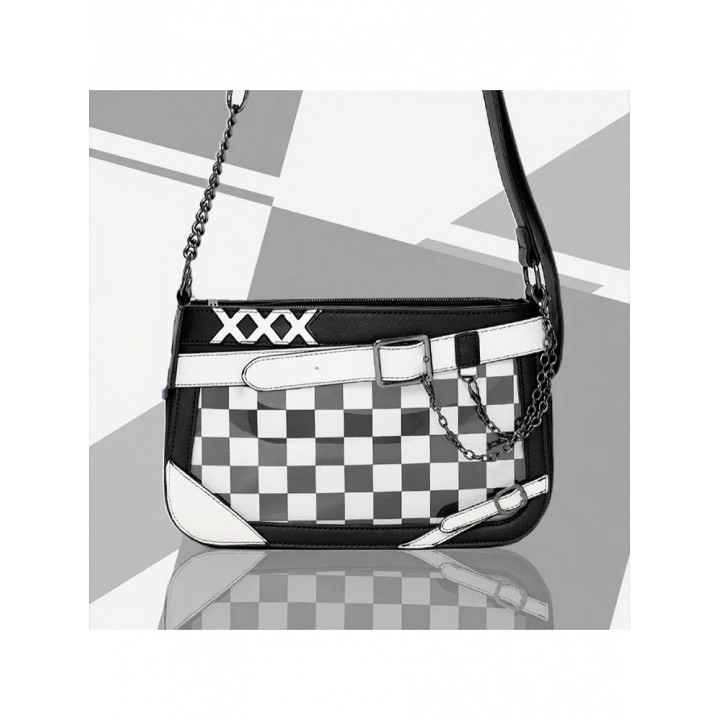 Sac ita à croix et chaîne décorative – Damier noir et blanc