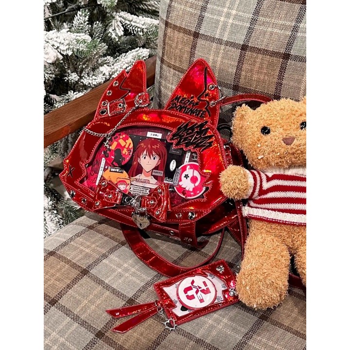 Sac cabas ita oreilles de chat, nœud et clous (porte-cartes offert) – Rouge