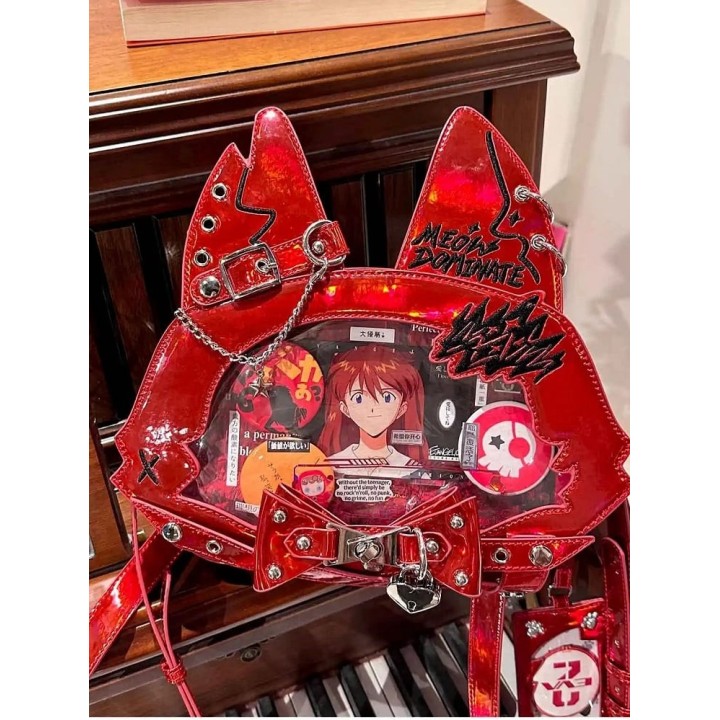 Sac cabas ita oreilles de chat, nœud et clous (porte-cartes offert) – Rouge