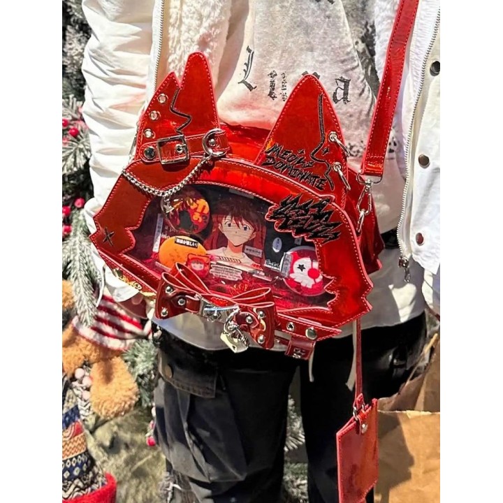 Sac cabas ita oreilles de chat, nœud et clous (porte-cartes offert) – Rouge