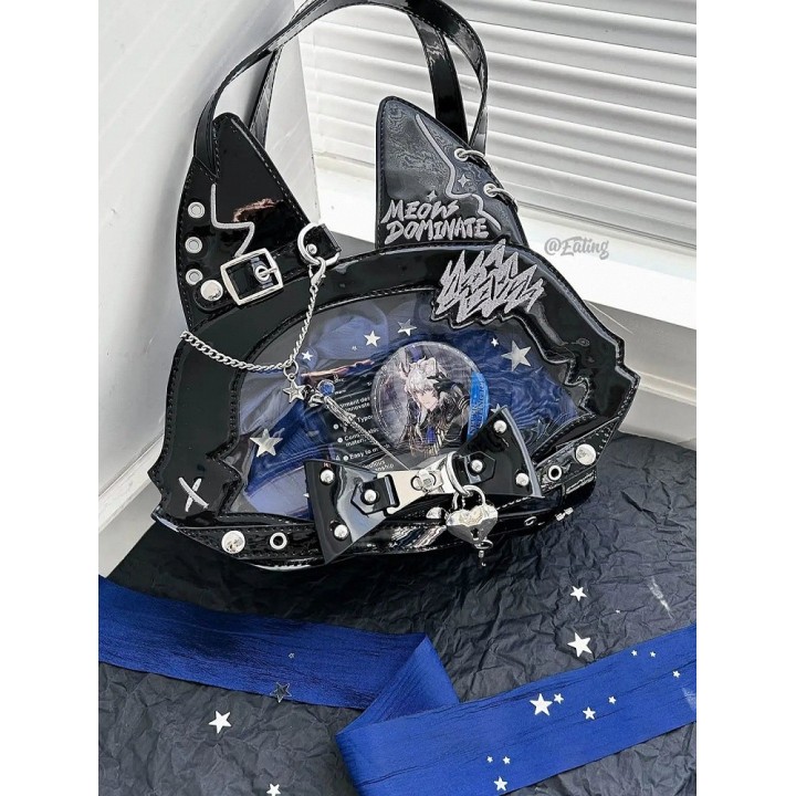 Sac cabas ita oreilles de chat, nœud et clous (porte-cartes offert) – Noir
