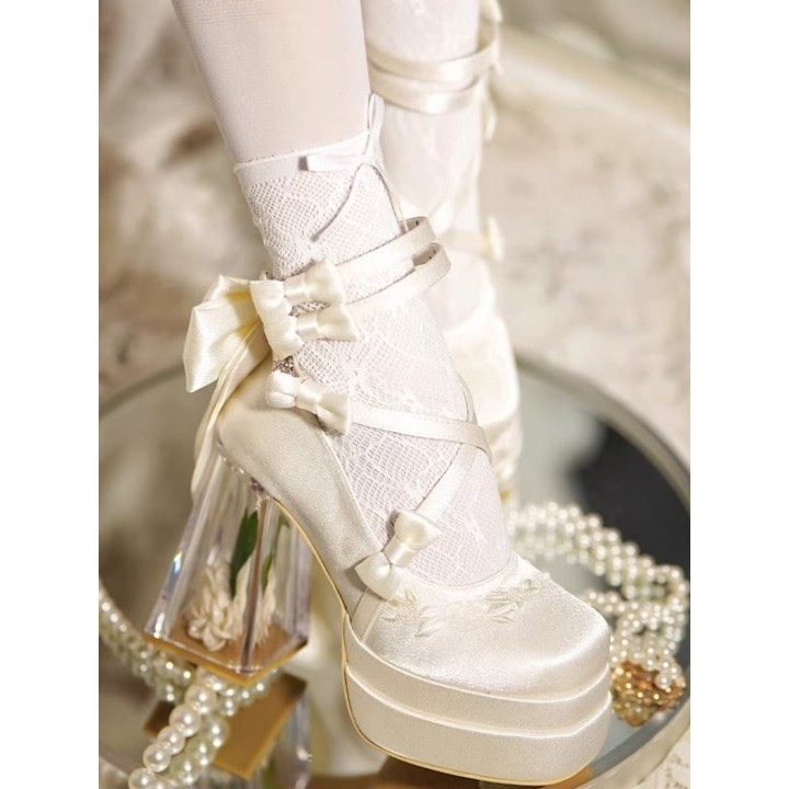 Mary Janes lolita camélia à talon transparent – Blanc crème