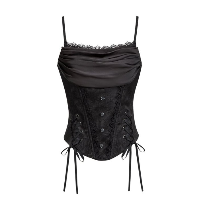 Top corset lolita sorcière baleiné à col bénitier – Noir