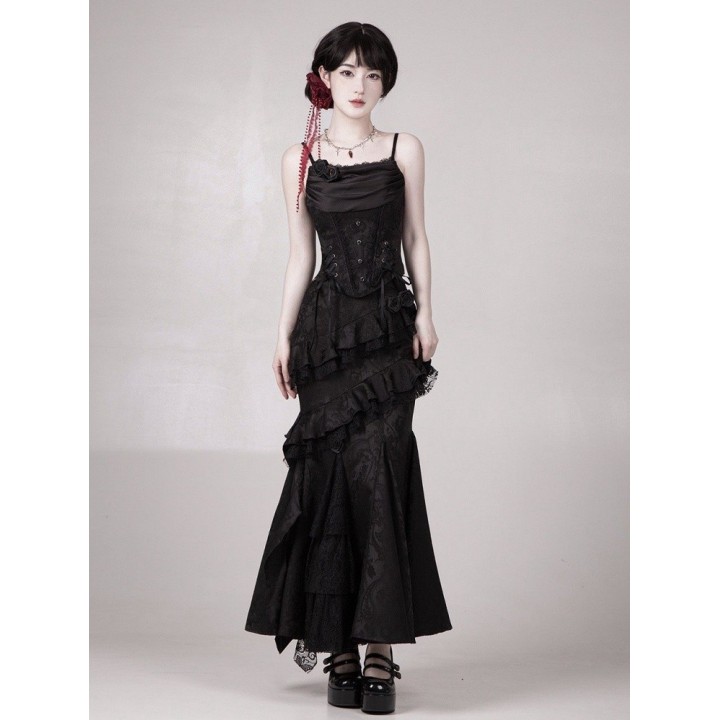 Top corset lolita sorcière baleiné à col bénitier – Noir