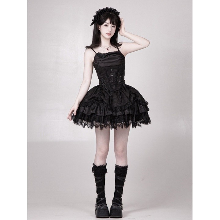Top corset lolita sorcière baleiné à col bénitier – Noir