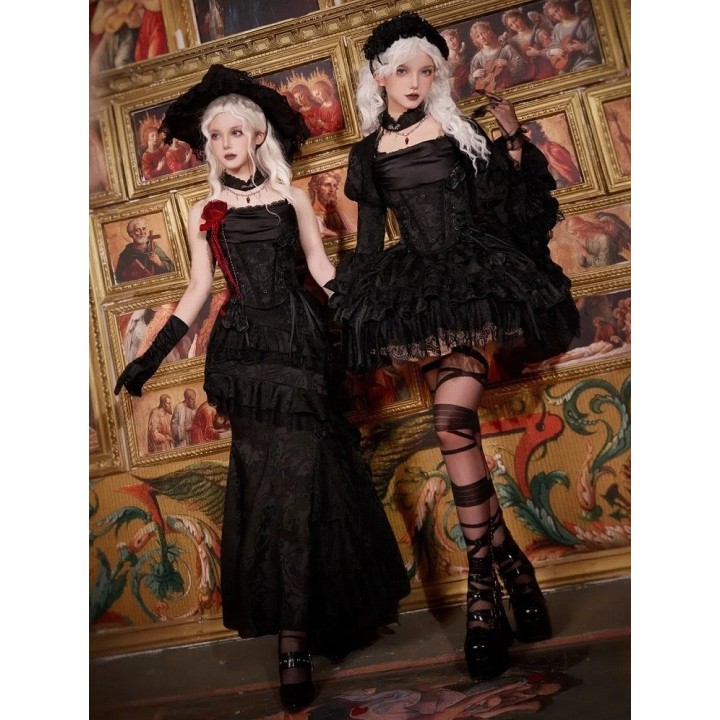 Top corset lolita sorcière baleiné à col bénitier – Noir