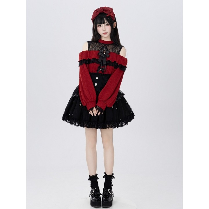 Pull Jirai Kei rouge épaules dénudées
