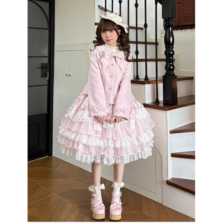Manteau lolita col Claudine à nœud – Rose