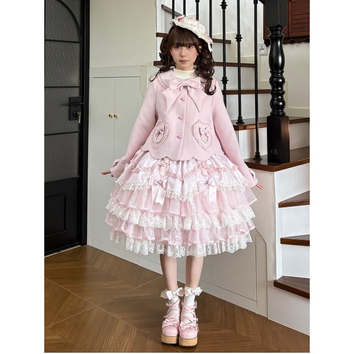 Manteau lolita col Claudine à nœud – Rose