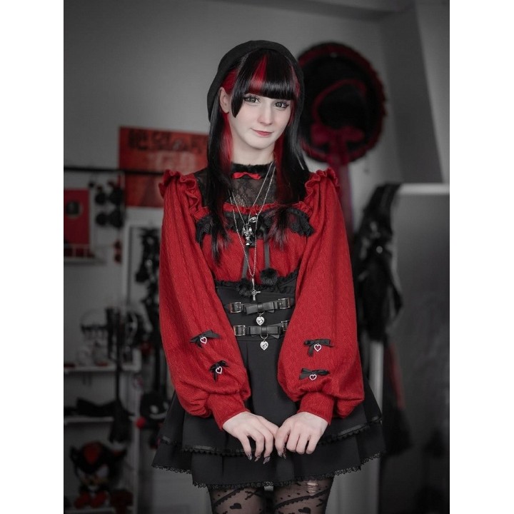 Pull Jirai Kei col illusion duveteux à volants et nœud – Rouge