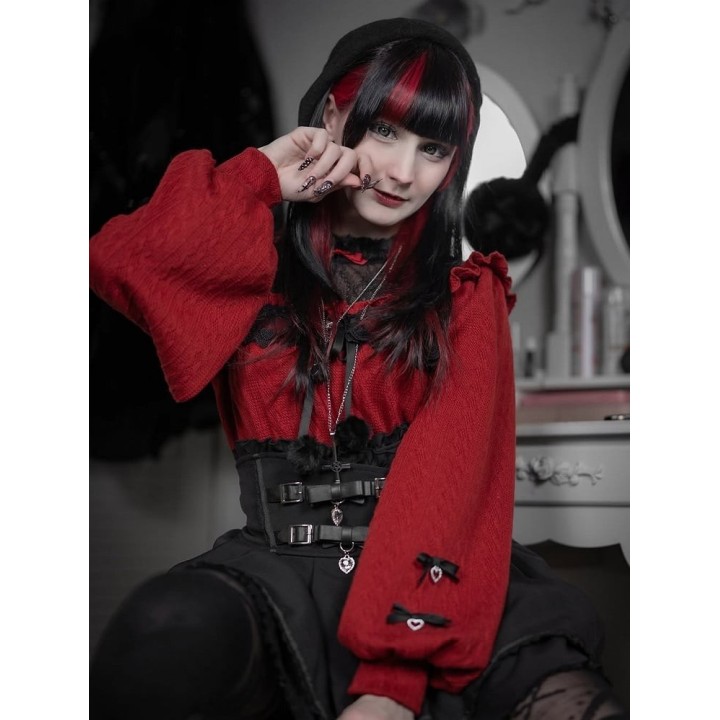 Pull Jirai Kei col illusion duveteux à volants et nœud – Rouge