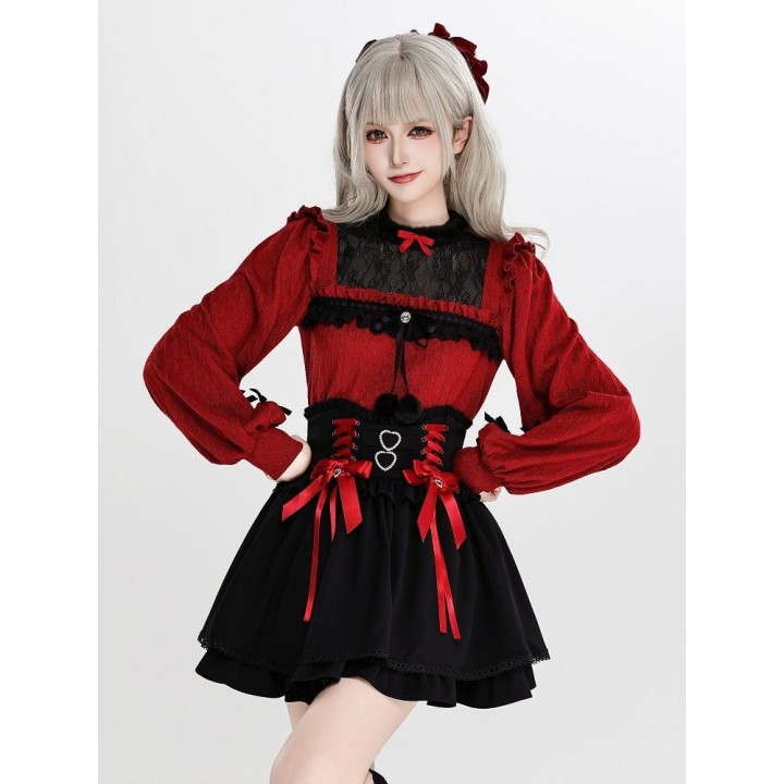 Pull Jirai Kei col illusion duveteux à volants et nœud – Rouge