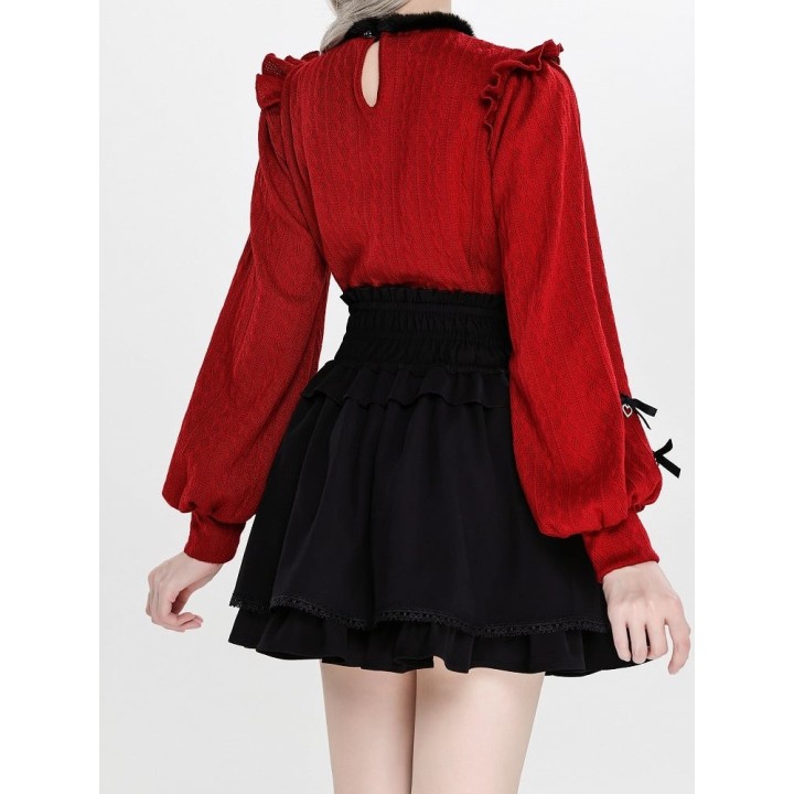 Pull Jirai Kei col illusion duveteux à volants et nœud – Rouge