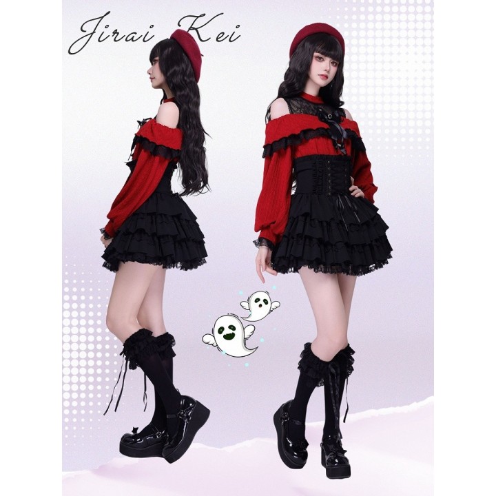Pull Jirai Kei rouge épaules dénudées