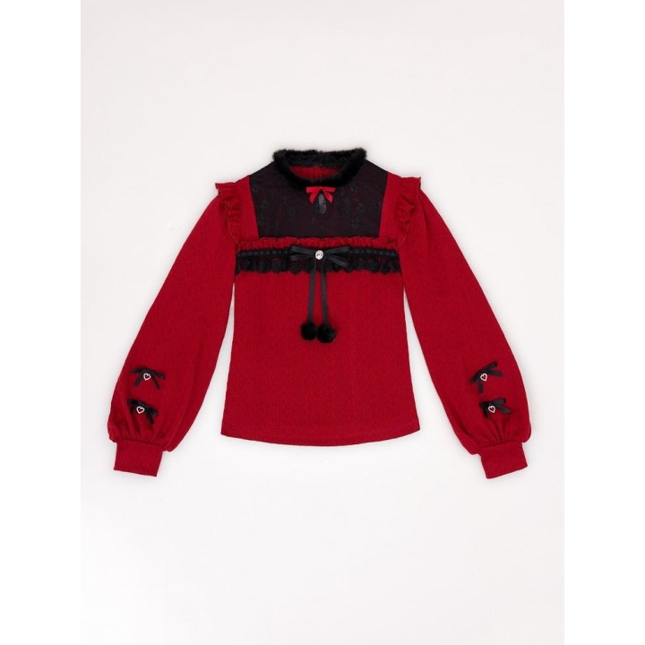 Pull Jirai Kei col illusion duveteux à volants et nœud – Rouge