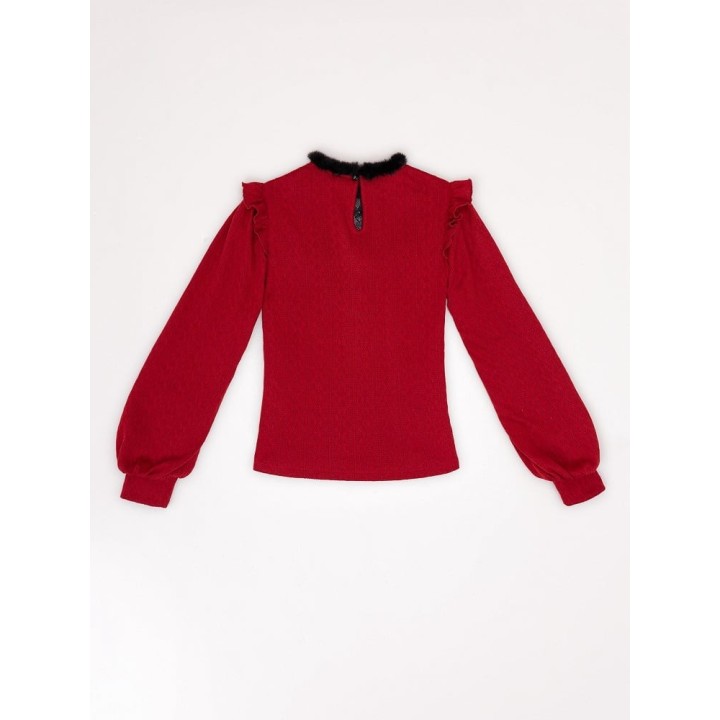 Pull Jirai Kei col illusion duveteux à volants et nœud – Rouge