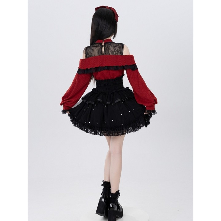 Pull Jirai Kei rouge épaules dénudées