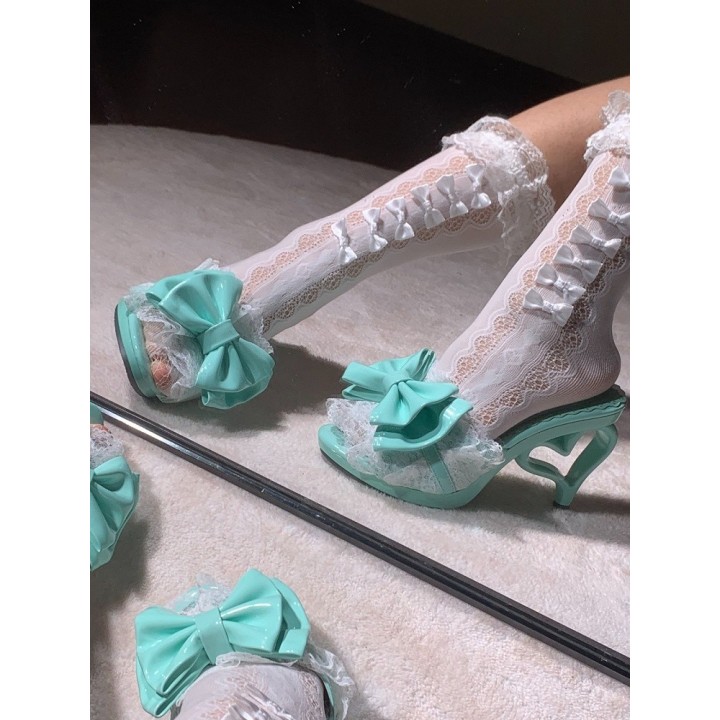 Escarpins gyaru talon cœur à nœud et dentelle – Rose vif