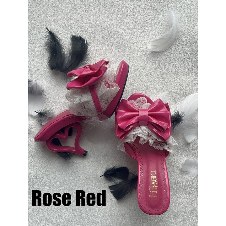 Escarpins gyaru talon cœur à nœud et dentelle – Rose vif