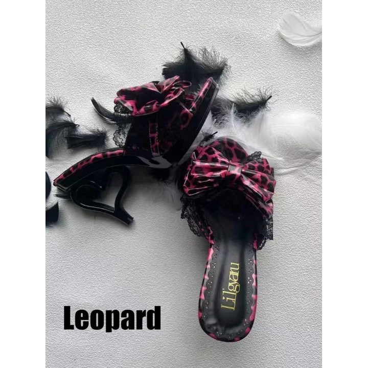 Escarpins gyaru talon cœur à nœud et dentelle – Rose vif