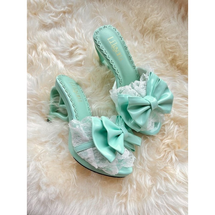 Escarpins gyaru talon cœur à nœud et dentelle – Rose vif