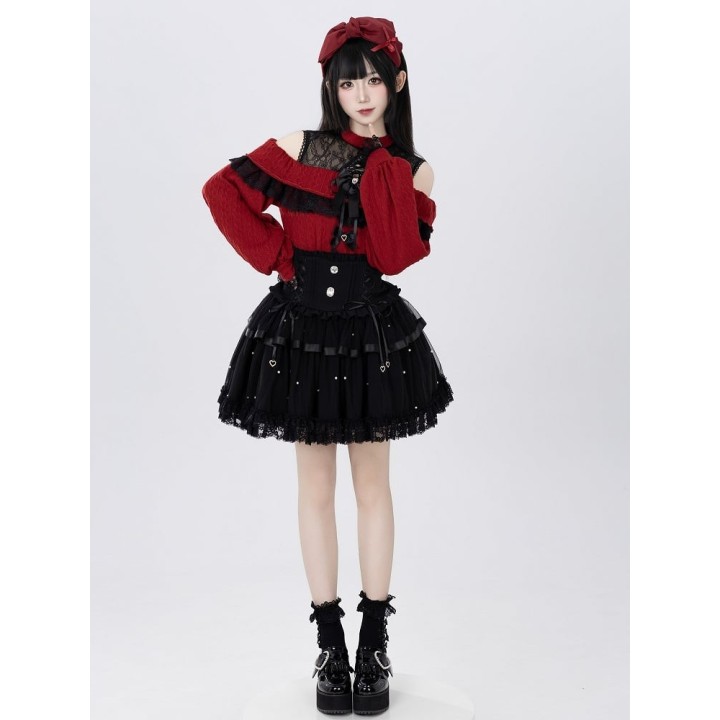 Pull Jirai Kei rouge épaules dénudées