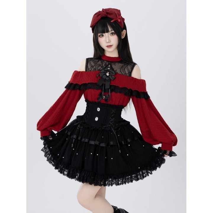 Pull Jirai Kei rouge épaules dénudées