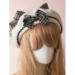 Béret lolita à nœud écossais et pompons