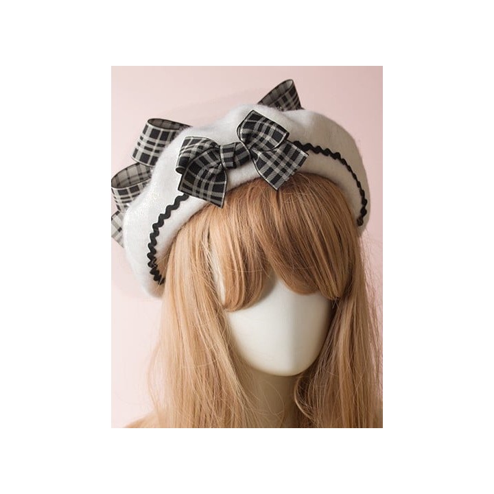 Béret lolita à nœud écossais et pompons