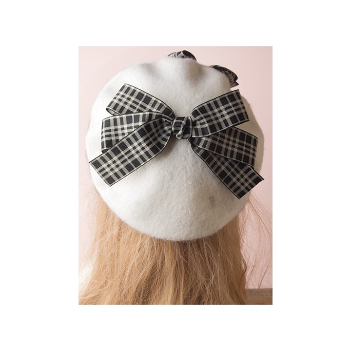 Béret lolita à nœud écossais et pompons