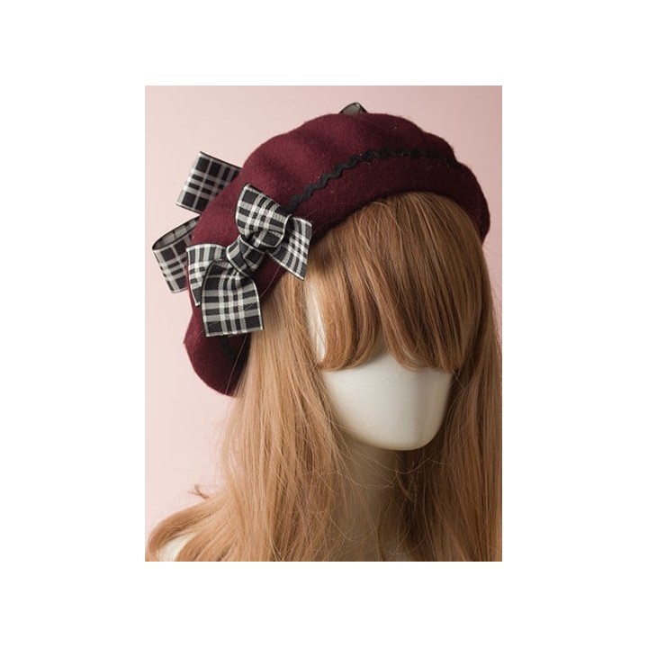 Béret lolita à nœud écossais et pompons