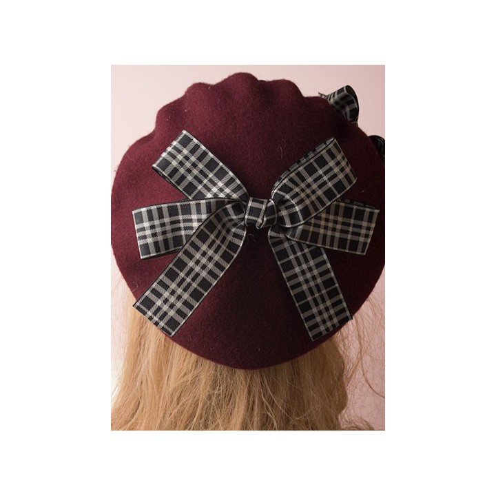 Béret lolita à nœud écossais et pompons