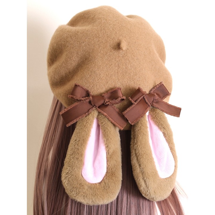 Béret marron à oreilles de lapin et nœuds