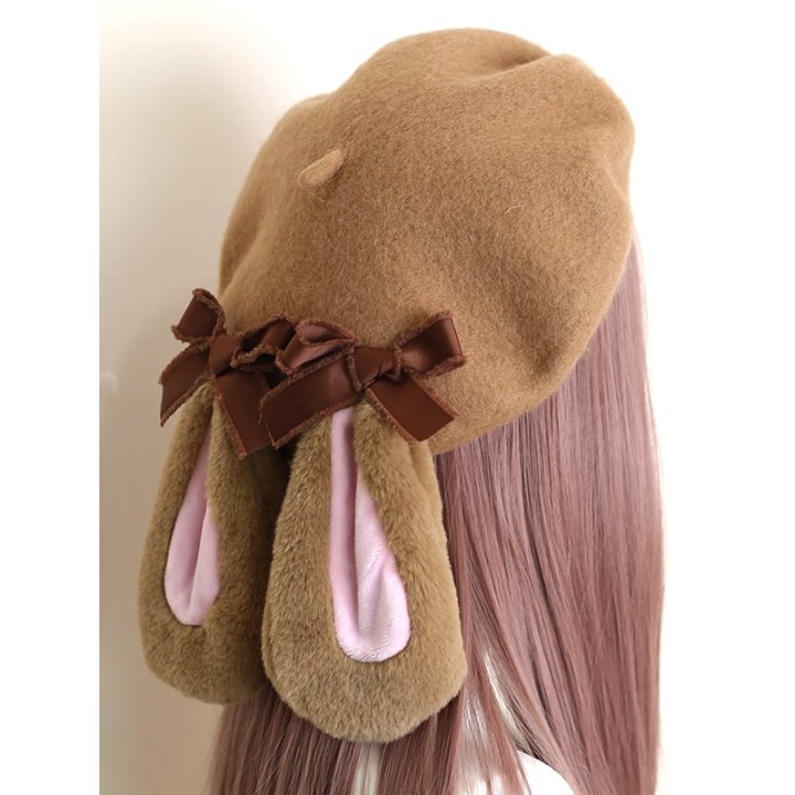 Béret marron à oreilles de lapin et nœuds