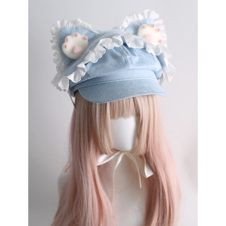 Béret Jirai Kei bleu à oreilles de chat amovibles
