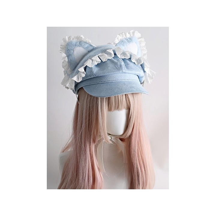 Béret Jirai Kei bleu à oreilles de chat amovibles