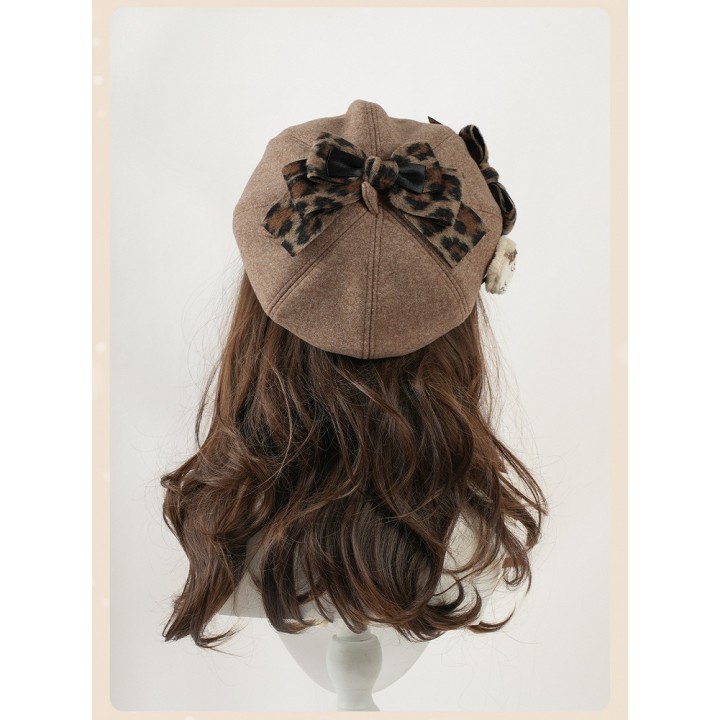 Béret léopard à grand nœud et barrette chaton