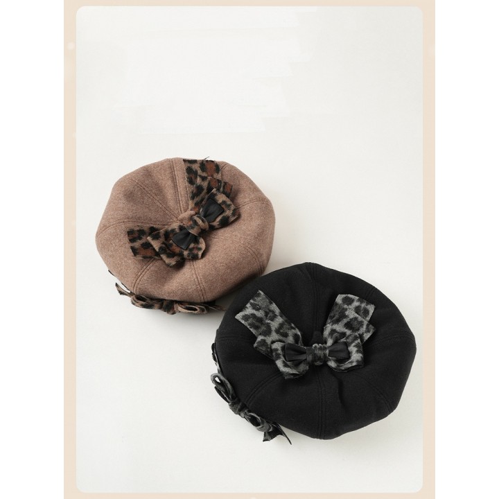 Béret léopard à grand nœud et barrette chaton