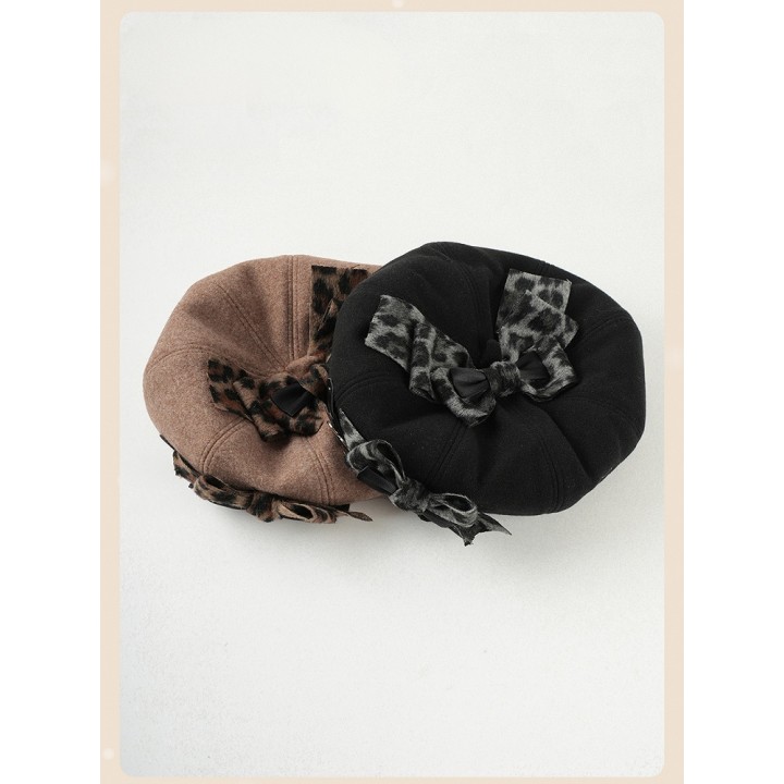 Béret léopard à grand nœud et barrette chaton
