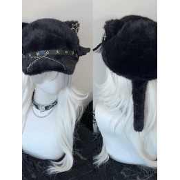 Béret gothique noir à oreilles de chat et chaîne