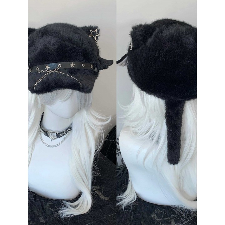 Béret gothique noir à oreilles de chat et chaîne