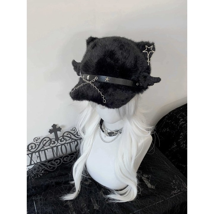 Béret gothique noir à oreilles de chat et chaîne
