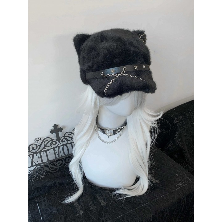 Béret gothique noir à oreilles de chat et chaîne