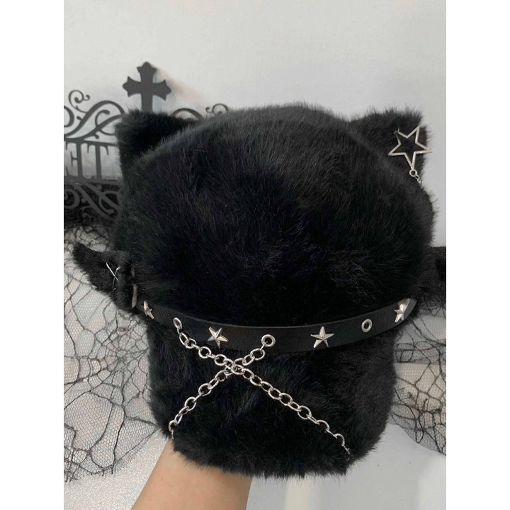 Béret gothique noir à oreilles de chat et chaîne