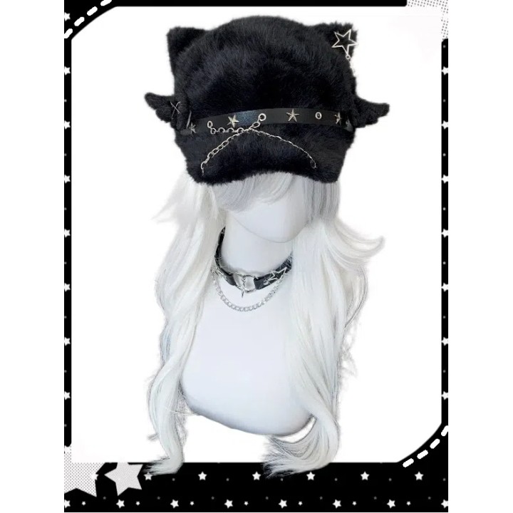 Béret gothique noir à oreilles de chat et chaîne