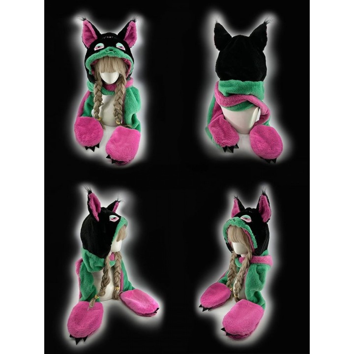 Bonnet chat gothique à écharpe et moufles