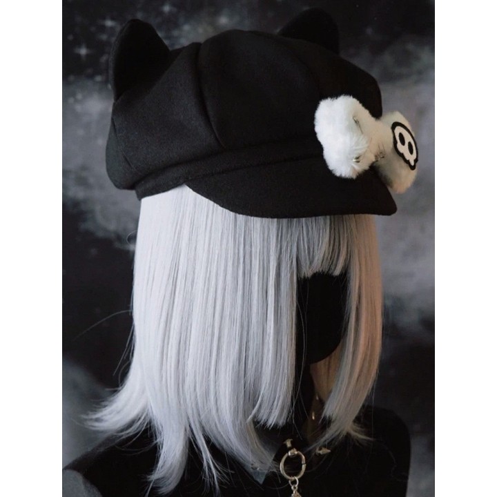 Bonnet noir kawaii à oreilles de chat et os