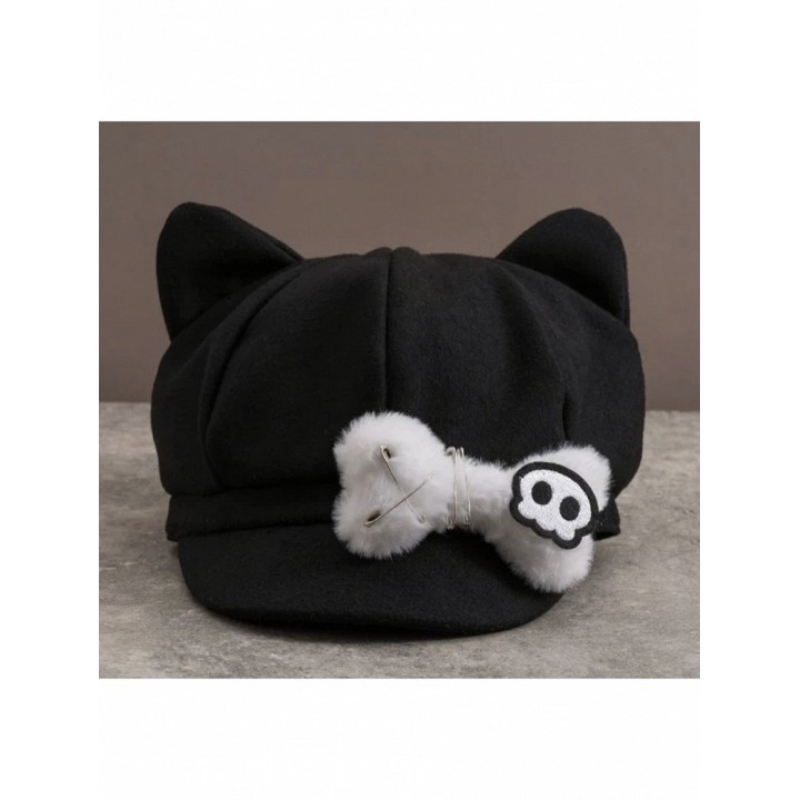 Bonnet noir kawaii à oreilles de chat et os