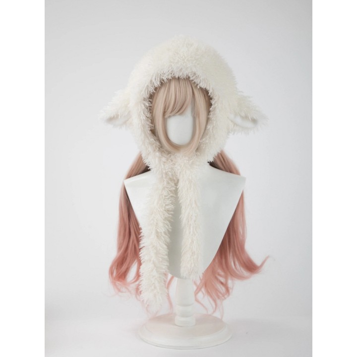 Bonnet capuche blanc à oreilles d'agneau et liens