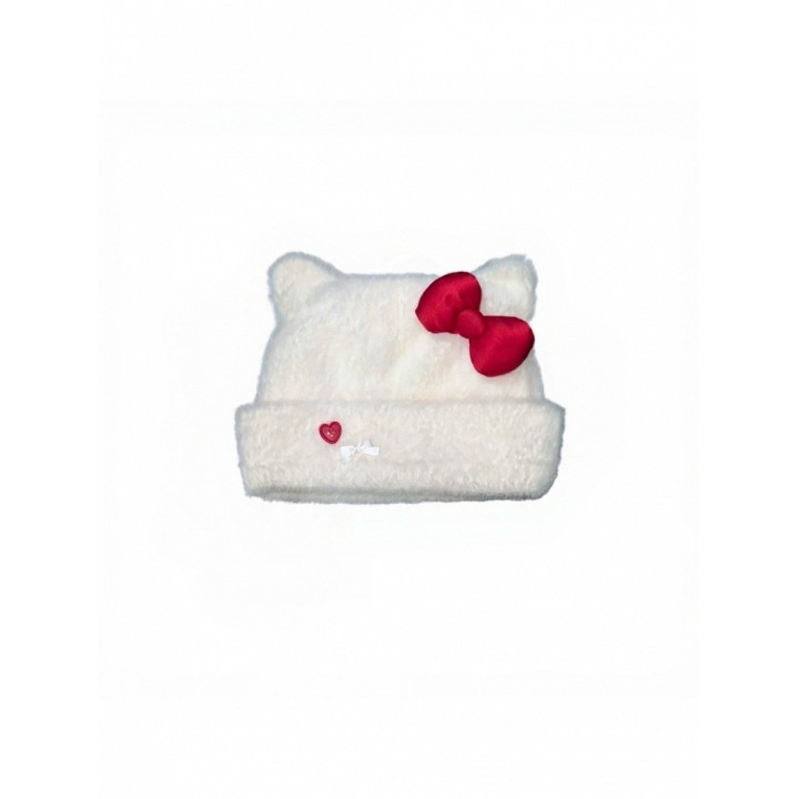 Bonnet chat blanc à nœud rouge